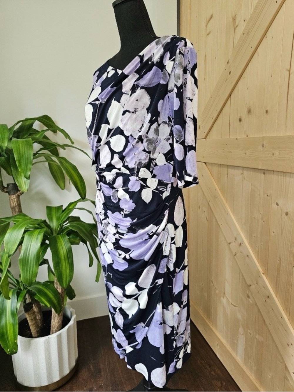 CONNECTED APPAREL Navy with Lavender Abstract Floral Design with Side Gather - Picture 3 of 8